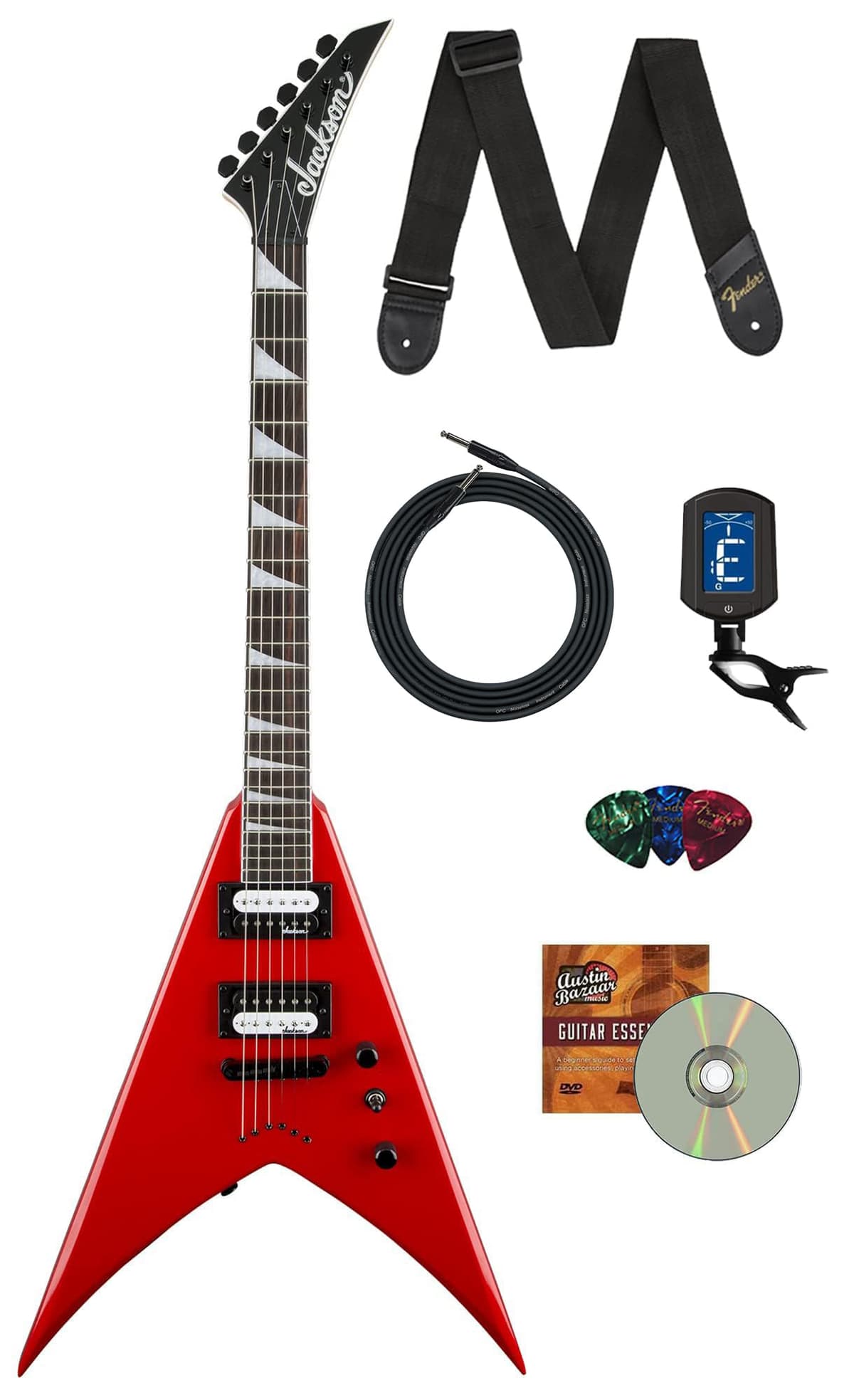 Jackson King V JS32T guitarra eléctrica Rojo Ferrari combo con cable, afinador, correa, púas y DVD instructivo Austin Bazaar