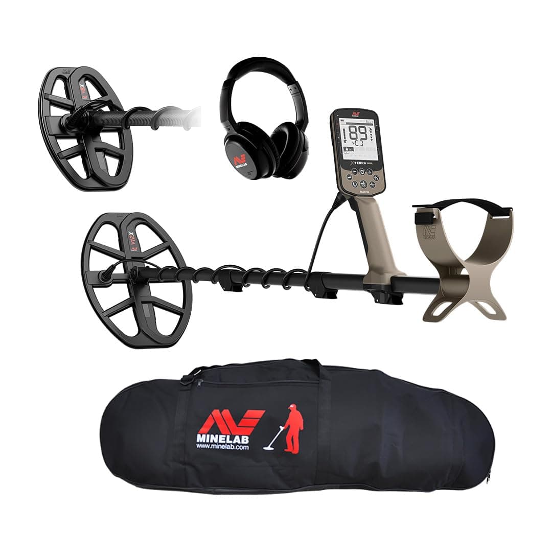 MINELAB X-Terra Elite 3707-0003 B05 Expedition Bundle, detector de metales impermeable todo terreno Multi-IQ, bobinas V8X/V12X, ML85, cable y bolso