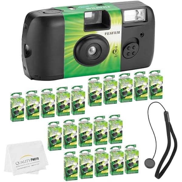 Fujifilm QuickSnap Flash 400 3216575167 Cámara desechable 35mm con flash + correa + paño de microfibra (paquete de 20)