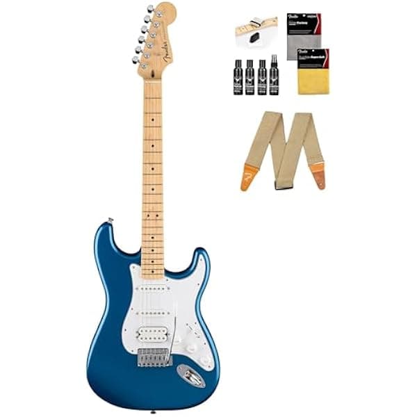 Fender Standard Stratocaster HSS 266420560 Aqua Marine Metallic paquete con correa, kit de limpieza y video instructivo Austin Bazaar