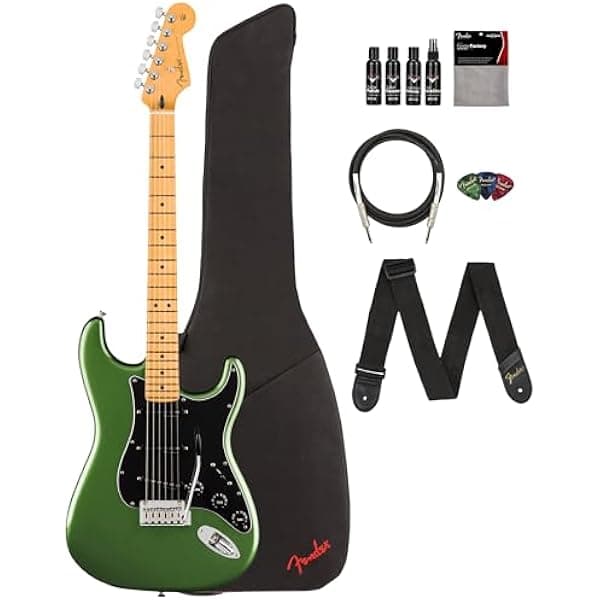 Fender Player II Modified Stratocaster guitarra eléctrica Harvest Green Metallic, paquete con funda, correa, cable, púas y kit de limpieza