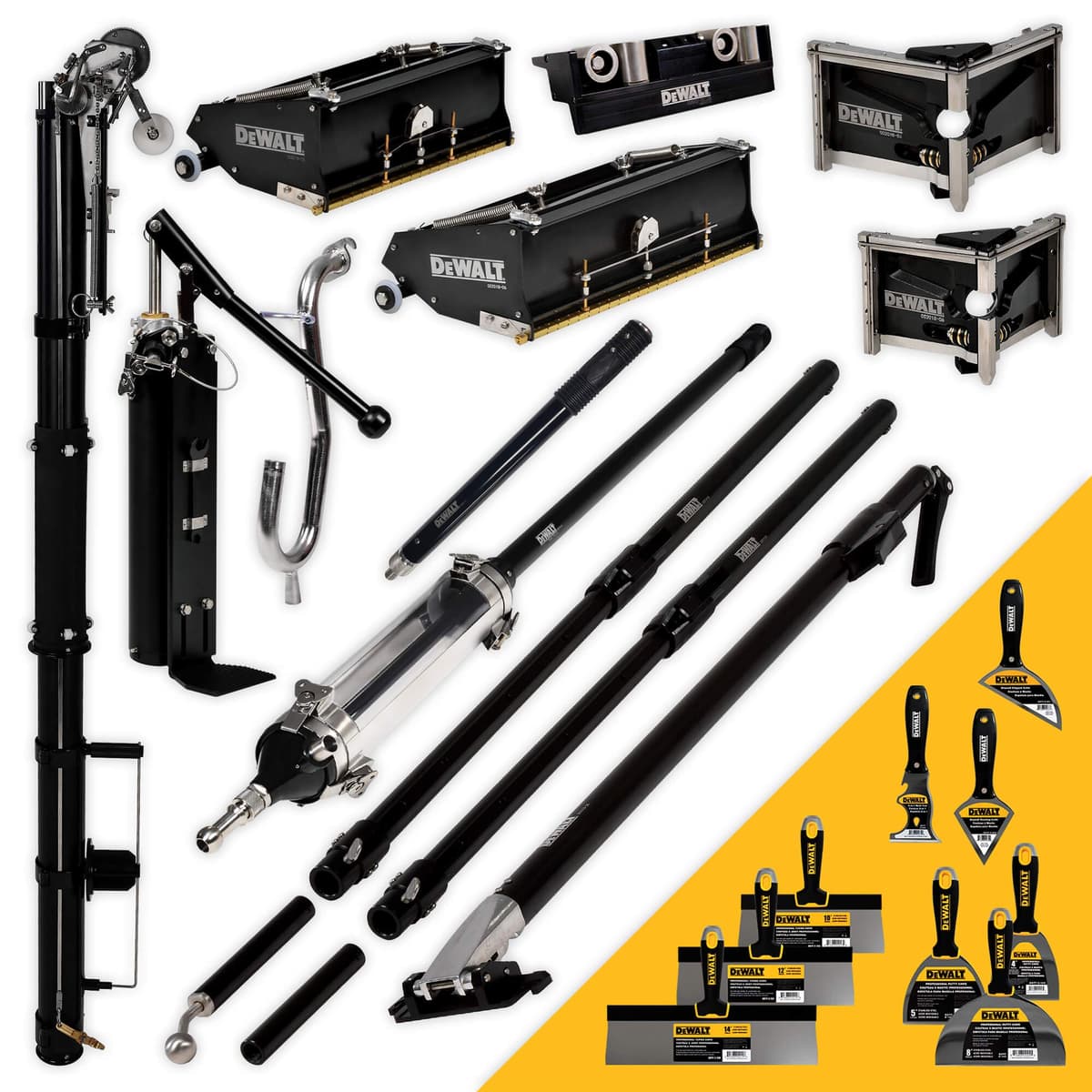 DEWALT PRO Standard DXTT-2-600 Kit automático encintado/acabado, mangos extensibles, Auto Taper, MudShot, cajas planas 10/12, cabezales 3/3.5