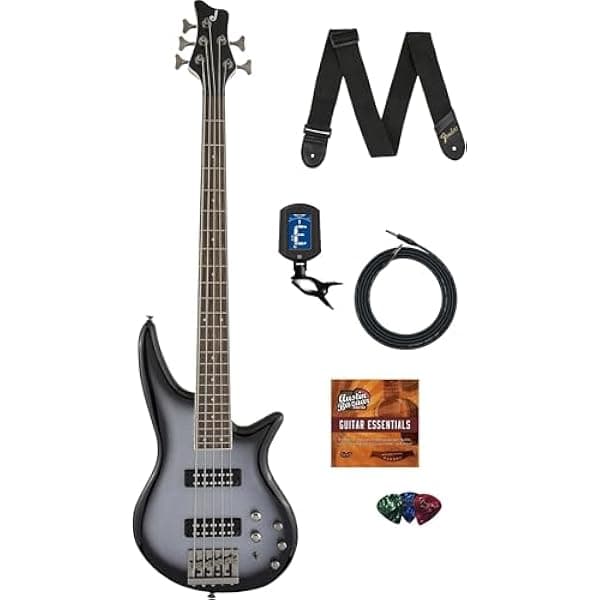 Jackson JS3V Spectra Bajo Eléctrico 5 Cuerdas Silverburst, paquete con cable, afinador, correa, púas y DVD Austin Bazaar
