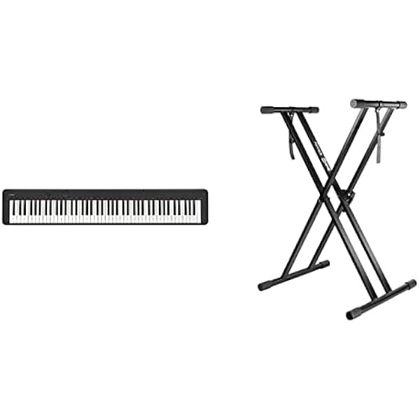 Casio CDP-S160BK piano digital 88 teclas, bundle con soporte RockJam Xfinity doble X ajustable y preensamblado