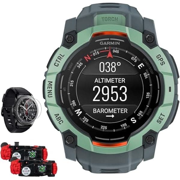 Garmin Instinct 3 50 mm Reloj inteligente GPS AMOLED outdoor Neo Tropic con correa Twilight, bundle con protector de pantalla y 2 pulseras paracord