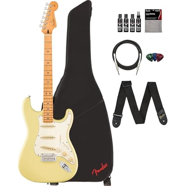 Fender Player II Stratocaster Guitarra Eléctrica Hialeah Yellow, paquete con funda, correa, cable, 3 púas y kit de limpieza