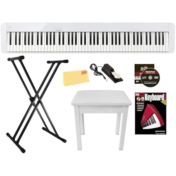 Casio Privia PX-S1100WE Piano Digital blanco combo: soporte ajustable, banco, pedal sustain, libro, lecciones online, DVD y paño