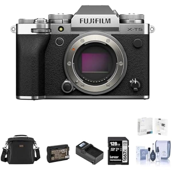 Fujifilm X-T5 cámara sin espejo plateada, bundle 128GB SD, bolsa, batería extra, cargador, protector de pantalla y kit de limpieza