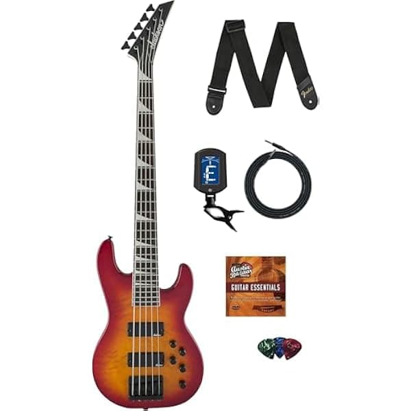 Jackson JS3VQ Concert Bajo eléctrico 5 cuerdas Cherry Burst combo: cable, afinador, correa, púas, DVD Austin Bazaar