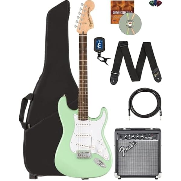 Fender Squier Affinity Stratocaster Edición Limitada guitarra eléctrica combo con amplificador Frontman 10G, funda y accesorios Surf Green