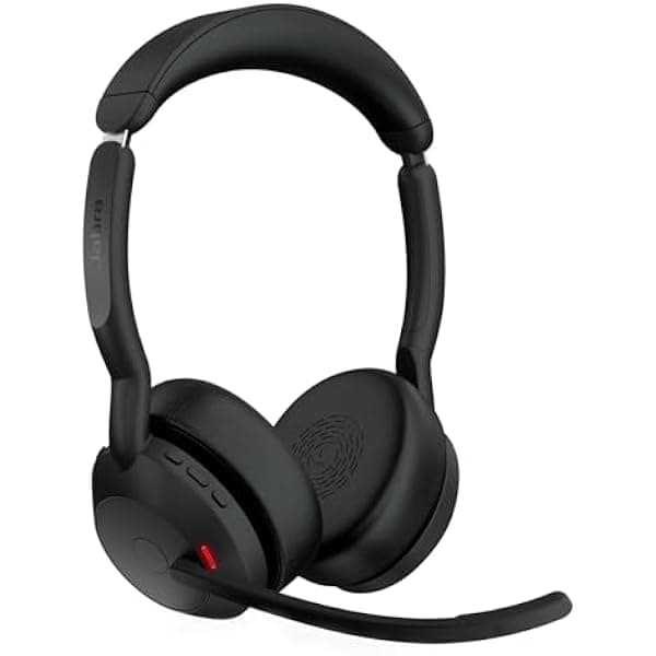 Jabra Evolve2 55 - Auriculares estéreo inalámbricos con base de carga, Air Comfort, cancelación de ruido y micrófonos ANC, UC, Zoom/Meet, Negro
