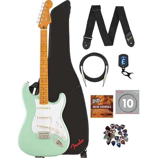 Fender Squier Classic Vibe '50s Stratocaster Surf Green paquete con funda, cable, afinador, correa, cuerdas, púas y DVD instructivo Austin Bazaar