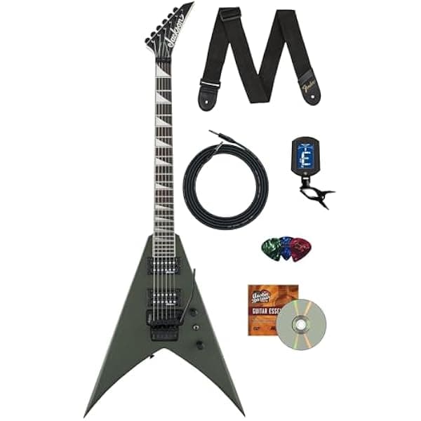 Jackson King V JS32 Guitarra Eléctrica Verde Mate Army Drab, bundle con cable, afinador, correa, púas y DVD instructivo Austin Bazaar