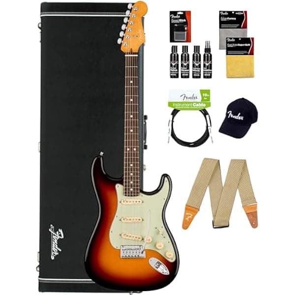 Fender American Ultra Stratocaster Diapasón de Palisandro Ultraburst, paquete con estuche, gorra, correa, cable y kit de limpieza para guitarra