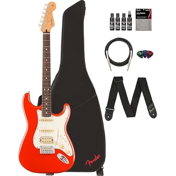 Fender Player II Stratocaster HSS Rojo Coral, paquete con funda gig bag, correa, cable, 3 púas y kit de limpieza