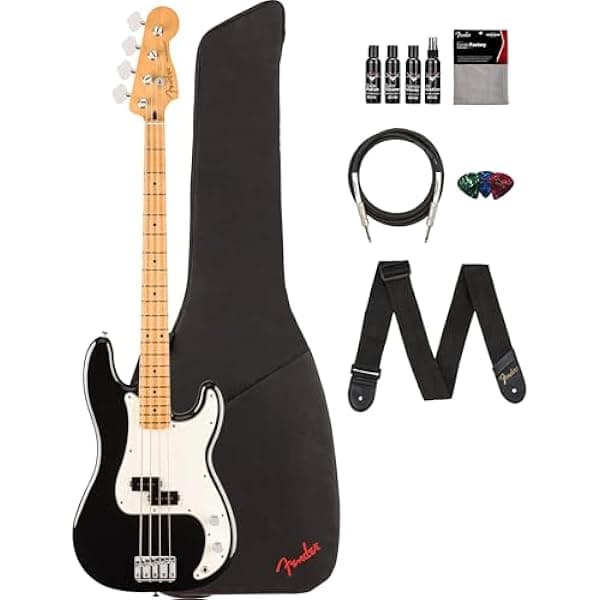 Fender Player II Precision Bass Bajo Eléctrico Negro Pack con Funda, Correa, Cable, 3 Púas y Kit de Limpieza
