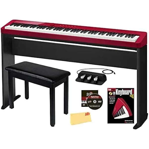 Casio Privia PX-S1100 Piano Digital Rojo bundle con soporte CS-68, pedales SP-34, banco, libro, lecciones online, DVD y paño