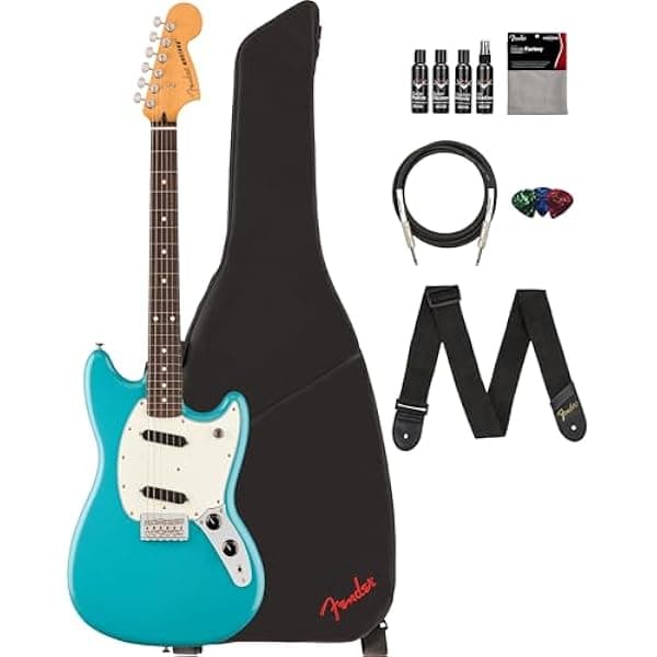 Fender Player II Mustang Guitarra Eléctrica - Azul Aquatone, Combo: Funda, Correa, Cable, 3 Púas y Kit de Limpieza para Guitarra