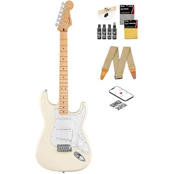 Fender Standard Stratocaster - Blanco Olímpico, Guitarra Eléctrica Bundle con Correa, Kit de Limpieza y Video Instructivo Austin Bazaar