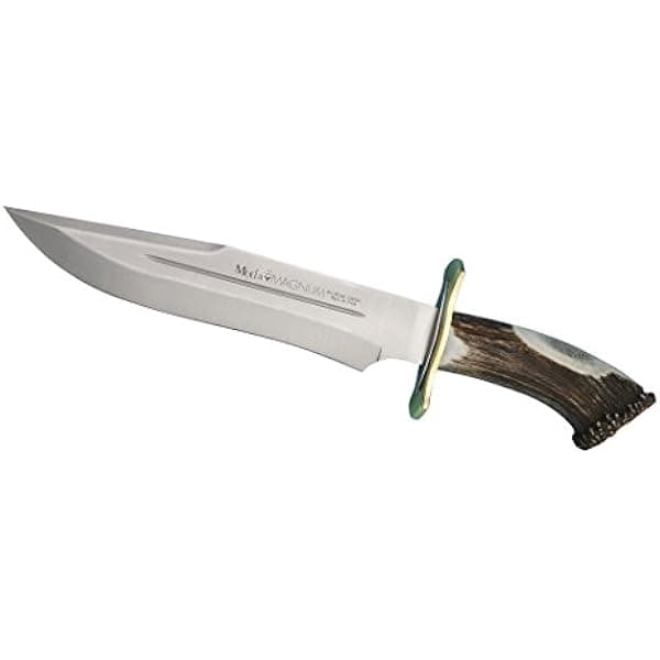 Muela Magnum-26 cuchillo de caza mango de asta de ciervo rojo con corona y funda de cuero