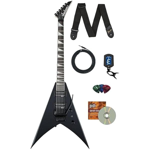 Jackson King V JS32 Guitarra Eléctrica Negro Brillante Combo con Cable, Afinador, Correa, Púas y DVD Instructivo Austin Bazaar