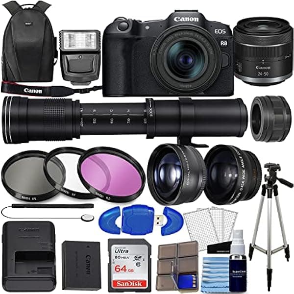 Canon EOS R8 cámara mirrorless RF 24-50mm IS STM + zoom 420-800mm + gran angular y telefoto + 64GB + filtros + mochila + flash + trípode