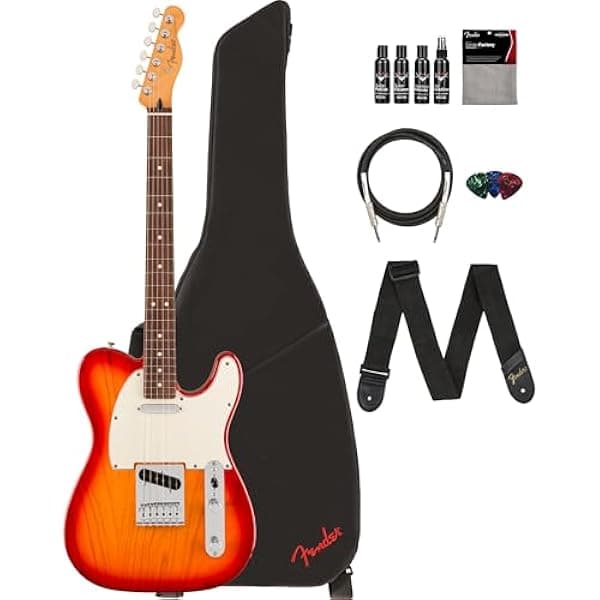 Fender Player II Telecaster Guitarra Eléctrica Aged Cherry Burst Pack: Funda, Correa, Cable, 3 Púas y Kit de Limpieza