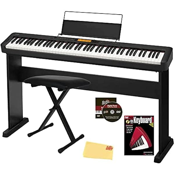 Casio CDP-S360 piano digital 88 teclas compacto negro, bundle con soporte CS-46, banco ajustable, libro, lecciones online, DVD y paño