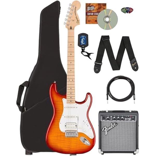 Fender Squier Affinity Stratocaster FMT HSS - Sienna Sunburst, Paquete con Amplificador Frontman 10G, Funda, Afinador, Cable, Correa, Púas, DVD