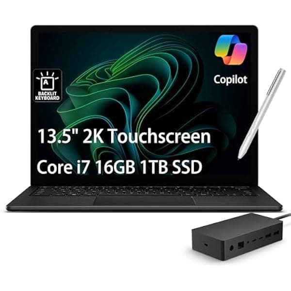 Microsoft Surface Laptop 5 Surface Dock 2, 13.5" 2K táctil, i7-1265U 10 núcleos, 16GB, 1TB SSD, Lápiz IST, 18h, Wi-Fi 6, webcam, Win 11 Pro, negro