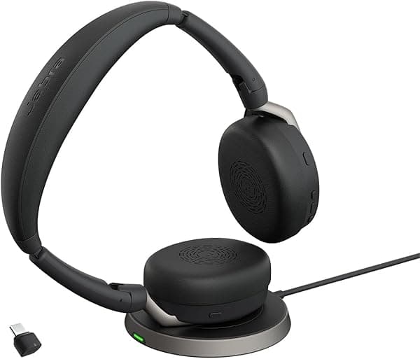 Jabra Evolve2 65 Flex Auriculares Estéreo con Bluetooth, Base de Carga Inalámbrica - Tecnología de Cancelación de Ruido y Voz Clara & Cancelación Activa de Ruido Híbrida - Certificado para Microsoft Teams - Negro 26699-999-889-01
