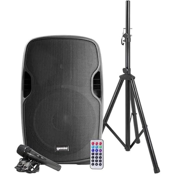 Gemini Serie AS-15BLU-PK: Parlantes Portátiles de Fiesta Bluetooth, Bafle Activo PA de 15" 2000W, Trípode Reforzado, Control Remoto, Micrófono...
