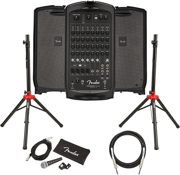 Fender Passport Venue S2 Sistema de PA Portátil con Soportes Compactos para Parlantes, Micrófono, Soporte y Clip para Micrófono, Cable XLR y Cable para Instrumentos AUS-6944000000-COMBO-DLX-V2