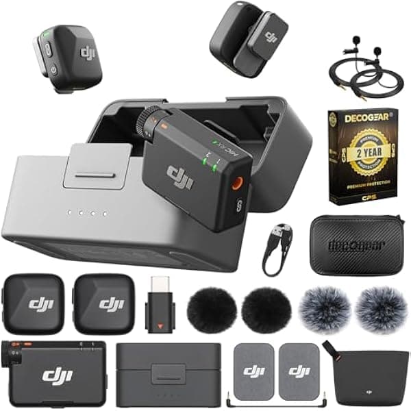 DJI Mic Mini (2 TX + 1 RX + Estuche de Carga) Micrófono Lavalier Inalámbrico Ultraliviano, Batería de 48 Horas Bundle con Pack de Protección Mejorado 2 Años CPS, 2 x Micrófono de Solapa Deco Gear y Estuche EVA de 7” E2DJIMICMI2T1RCC