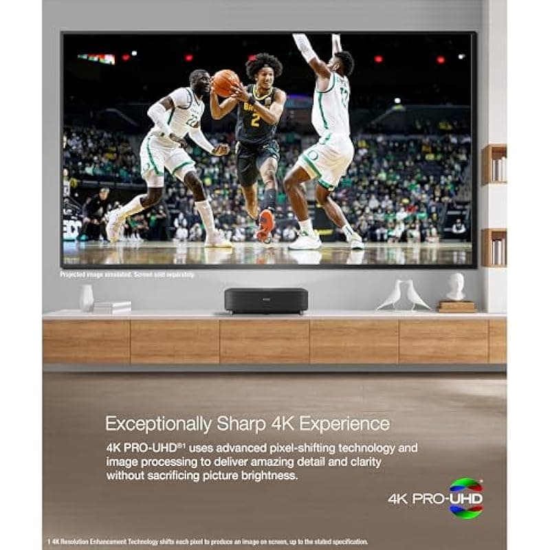Epson EpiqVision Ultra LS650 Proyector láser de transmisión inteligente 3LCD de 3 chips de tiro ultra corto, 4K PRO-UHD, HDR, 3600 lúmenes, hasta 120 pulgadas, asistente de ajuste de Epson y Android V11HB07120