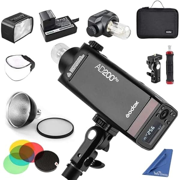 Godox AD200 Pro AD200Pro 200Ws Flash portátil de bolsillo, 2.4G TTL 1/8000 HSS Flash al aire libre Strobe Speedlite Monolight con difusor reflector estándar AD-S2 y accesorios AD-S11 Flash Speedlite WSH-AD200Pro