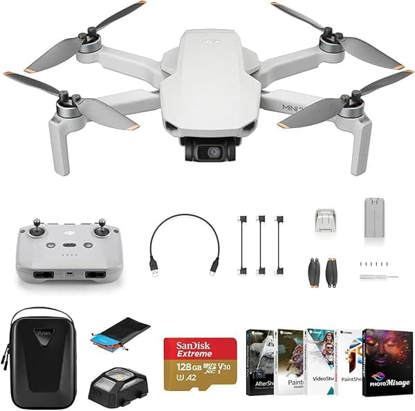 DJI Mini 2 SE Drone Bundle con tarjeta microSD de 128 GB, estuche de transporte, kit de software Corel PC, luz anticolisión, plataforma de aterrizaje