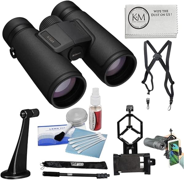 Nikon Binoculares Monarch M5 de 12 x 42 | Paquete negro con arnés binocular + adaptador de teléfono inteligente a binocular + adaptador de binocular a trípode + monopie de 67 pulgadas + paño de microfibra + kit de limpieza (7 artículos) BNIK16769-003X