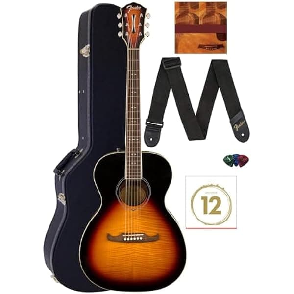 Fender FA-235E Flame Maple Top - Guitarra electroacústica de concierto - Paquete de 3 tonos con estuche rígido, correa, cuerdas, púas y DVD instructivo de Austin Bazaar AUS-0971252032-COMBO-DLX