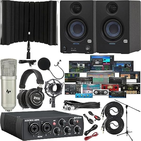Presonus AudioBox 96 USB Audio/Interfaz MIDI con nuevo diseño Eris E3.5 Studio Monitores y con la versión más reciente Studio One Artist Software Pack & Isolation Recording Shield