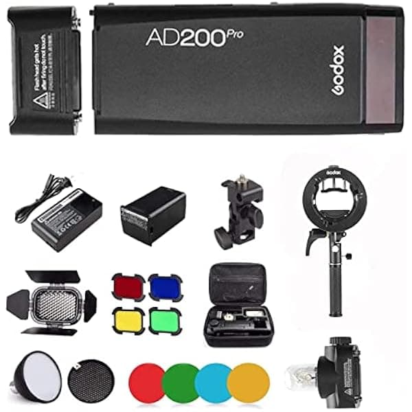 Godox AD200 Pro AD200Pro Flash Strobe Speedlight con soporte Godox S2 200W 2.4G, reciclaje de 0.01-1.8s, batería de 2900 mAh, bombilla desnuda/cabezal de flash Speedlite Fresnel con BD-07, reflector MSGD00326