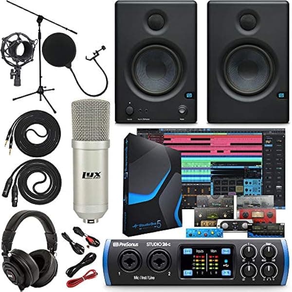 PreSonus Studio 26c Interfaz de audio/MIDI USB 2x4 192 kHz con pack de software Studio One 5 Artist, par de monitores de estudio Eris 3.5 y cables de instrumento de 1/4"