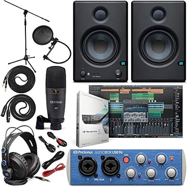PreSonus AudioBox 96 Interfaz de audio (puede variar azul o negro) Paquete completo de estudio con paquete de software Studio One Artist con monitores Eris 4.5 BT Pair Studio Bluetooth y cable de instrumento de 1/4 pulgadas