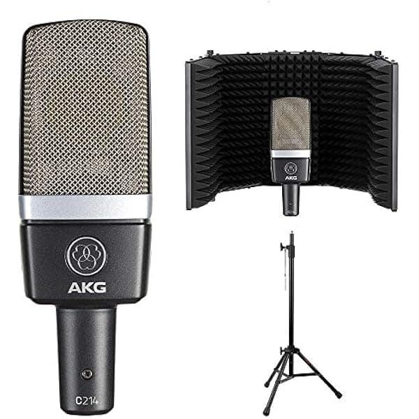 AKG Paquete de micrófono de condensador C214 Pro con filtro de reflexión y soporte de micrófono trípode