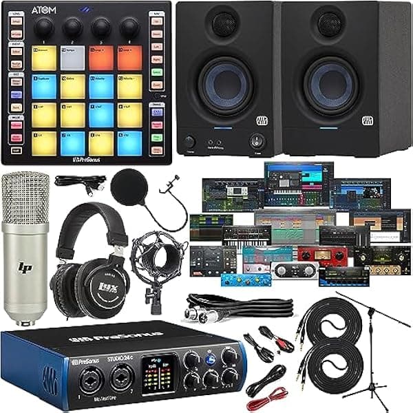 PreSonus Studio 24c 2x2 USB-C Audio/MIDI Interfaz con nuevo diseño Eris E3.5 Studio Monitores Incluye Kit de Software, Controlador ATOM MIDI Pad