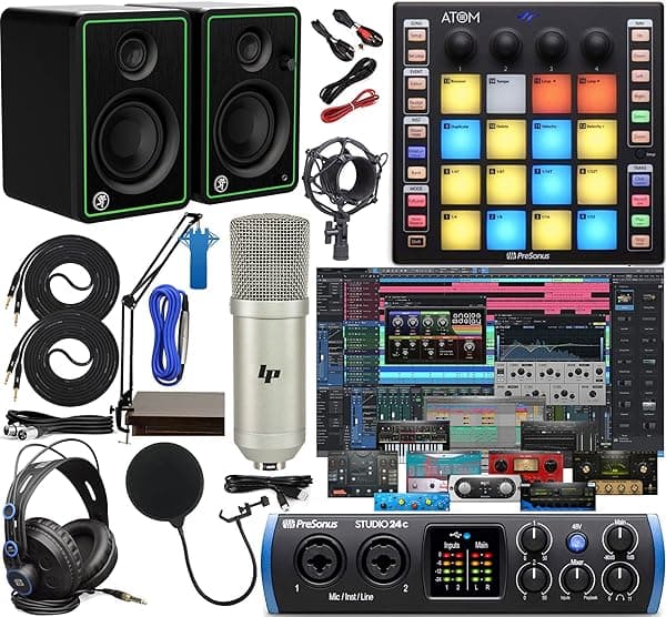 PreSonus Studio 24c 2x2 Interfaz de audio/MIDI completo paquete de estudio con kit de software, controlador ATOM MIDI/almohadilla de producción, par de monitores CR3-X y brazo de suspensión ajustable 24c + CR3-X + Atom + Arm Kit