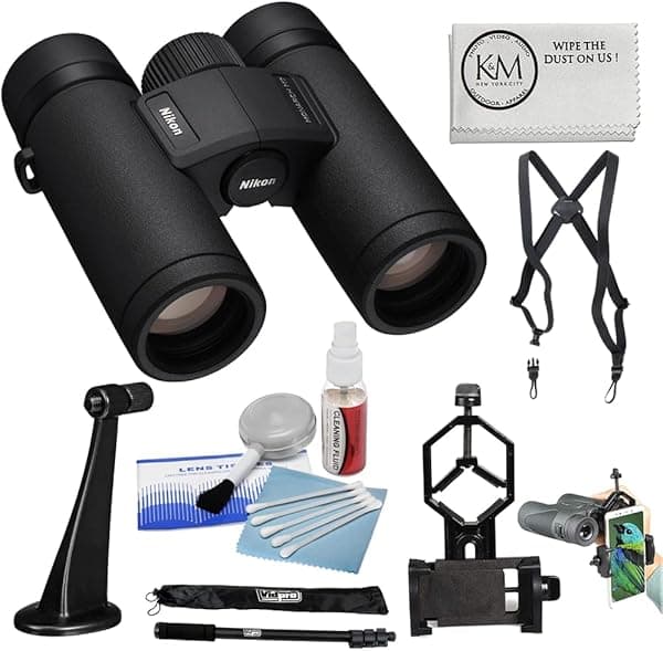 Nikon Paquete de binoculares Monarch M7 de 8 x 30 con arnés para binoculares + adaptador de celular a binocular + adaptador de binocular a trípode + monopié con estuche + paño de microfibra + kit de limpieza de lentes (7 artículos) BNIK16763-003X