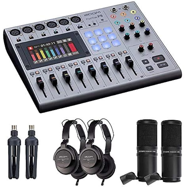 Zoom PodTrak P8 - Grabadora de podcasts portátil multipista con 2 micrófonos Zoom ZDM-1 para podcasts