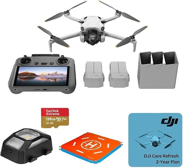 Mini 4 Pro Drone Fly More Combo, paquete con soporte de cordón, 2 tarjetas de memoria de 128 GB y plan de 2 años DJI Care Refresh, bandeja de aterrizaje plegable de 20 pulgadas, luces estroboscópicas