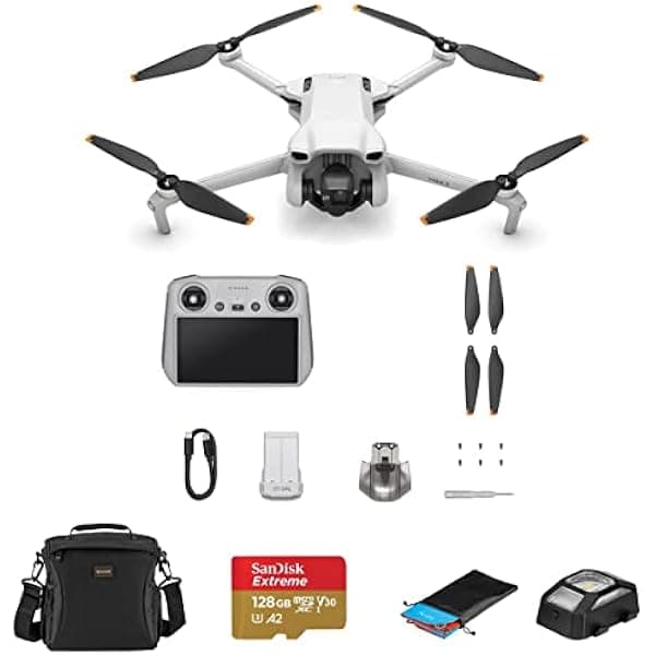 DJI Mini 3 Drone con control remoto RC, Bundle con tarjeta microSD de 128 GB, bolso de hombro, luz anticolisión, plataforma de aterrizaje
